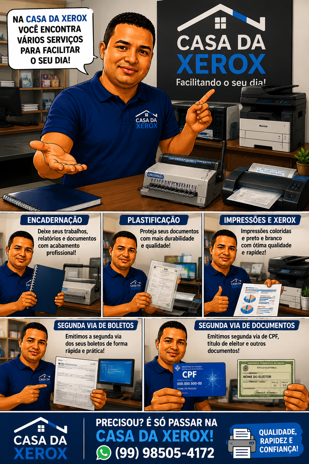 Painel ilustrado com serviços oferecidos pela Casa da Xerox